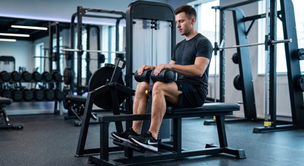 A man performing a lower leg workout on a black plate-loaded seated calf raise machine in a gym.