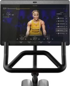 Close-up of the Peloton Bike+ 24-inch HD rotating touchscreen used for immersive fitness classes.