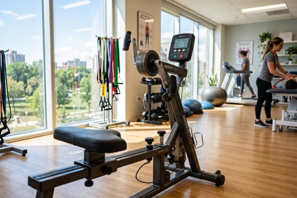 A seated commercial arm cycle in a physical therapy clinic, representing the different types of upper body ergometers