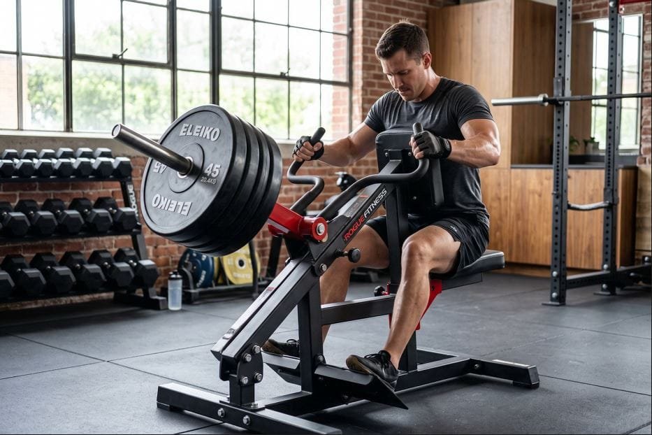 Plate-loaded chest-supported T-bar row machine in a modern home gym