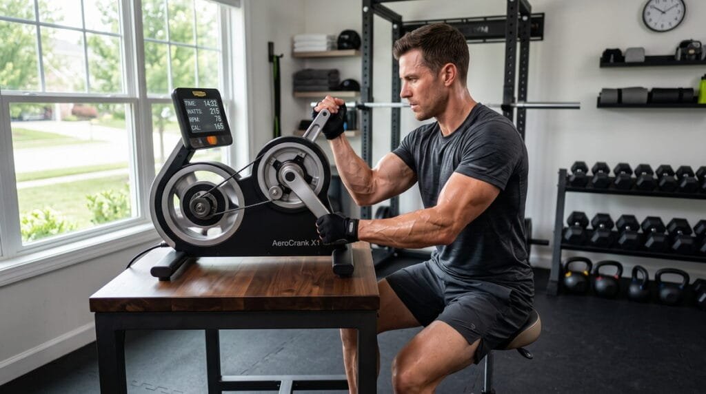 A fit man using a tabletop arm ergometer for an upper body cardio workout in a bright home gym.