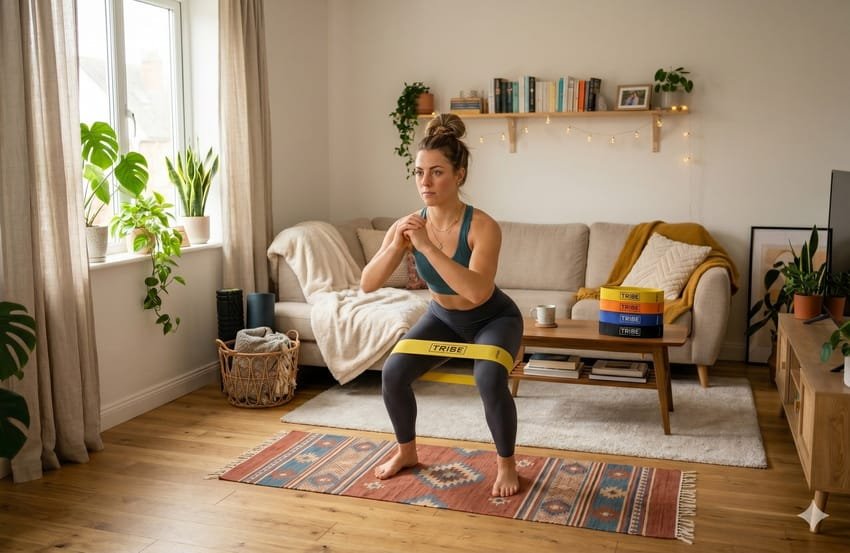 Woman performing a banded squat exercise in a home gym setting to demonstrate the effectiveness of resistance bands for full-body workouts.