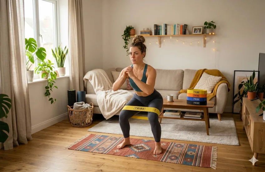 Woman performing a banded squat exercise in a home gym setting to demonstrate the effectiveness of resistance bands for full-body workouts.