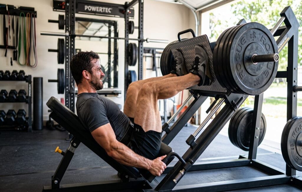 A man building lower body strength using a compact leg workout machine in a home garage gym.