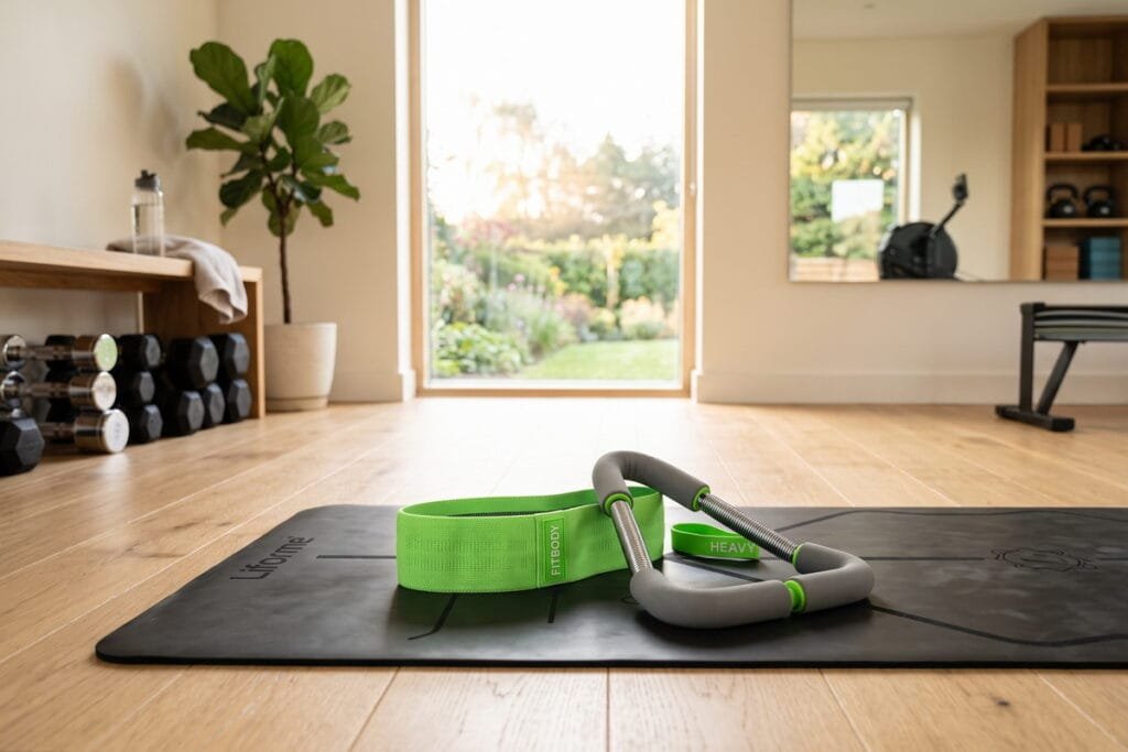 Green resistance band and a spring-loaded thigh exerciser resting on a black yoga mat in a bright home gym