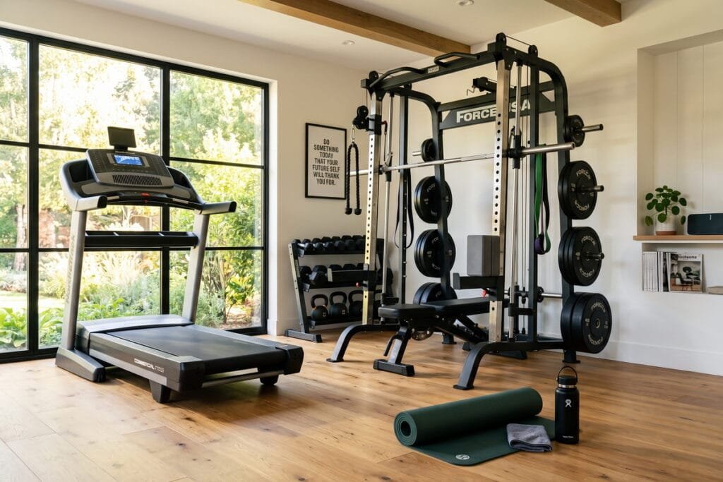 Modern home gym setup featuring a treadmill, a multi-functional Smith machine, and workout equipment in a bright, sunlit room with hardwood floors