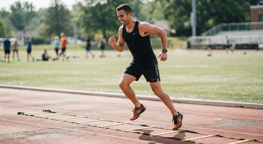 Man doing footwork drills on a speed agility ladder at an outdoor sports field.