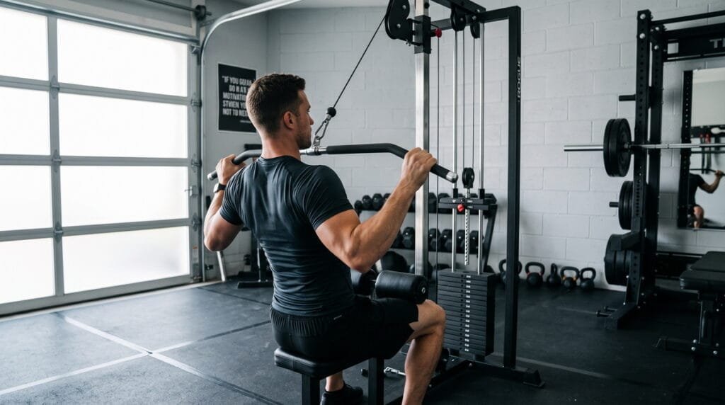 A fit man building upper body strength using back workout machines in a well-lit home garage gym.